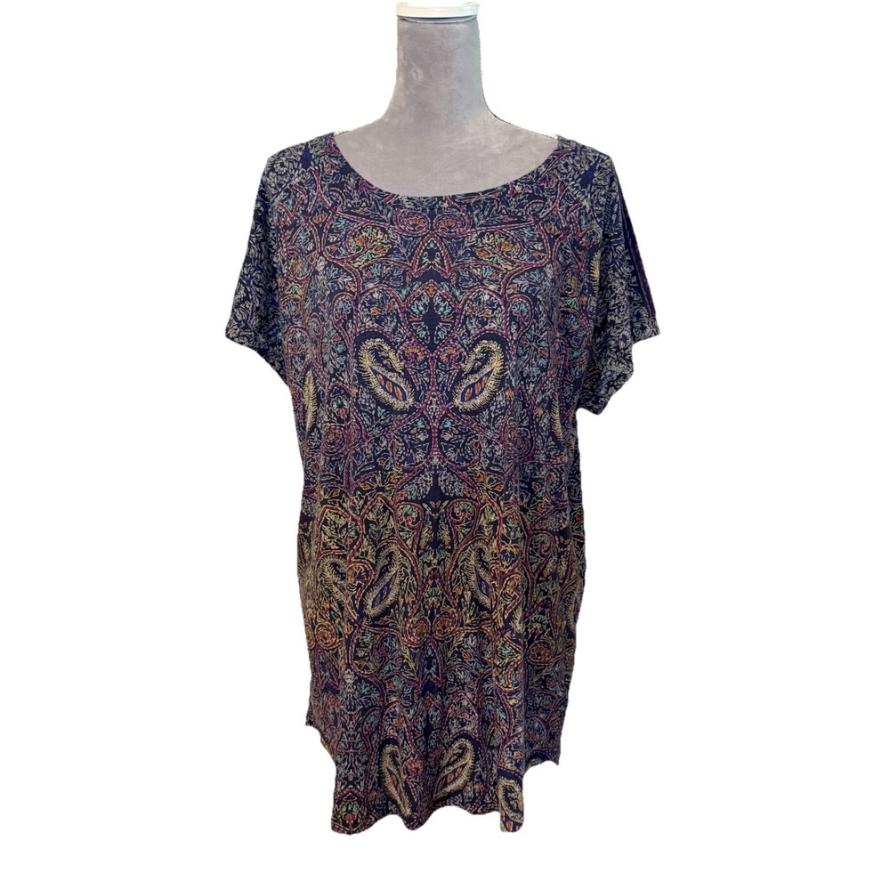 NWT Lucky Brand Navy T-Shirt Paisley Print Tee Tunic Short Sleeve 1X Casual Boho